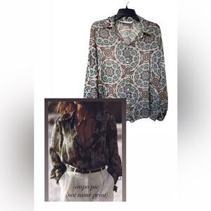 Zara Boho Sheer Floral Paisley Button Down Blouse Top Lightweight Long Sleeve M